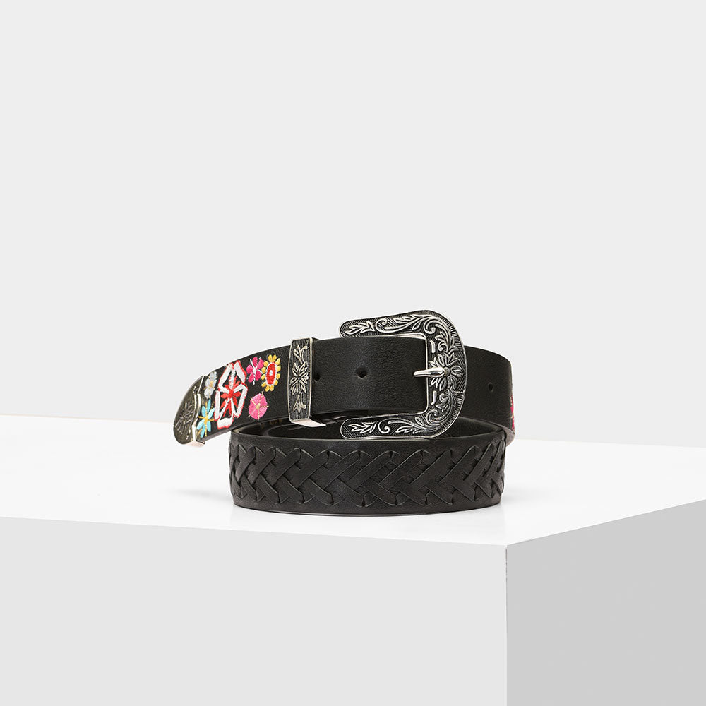 Black Embroidered leather Belt