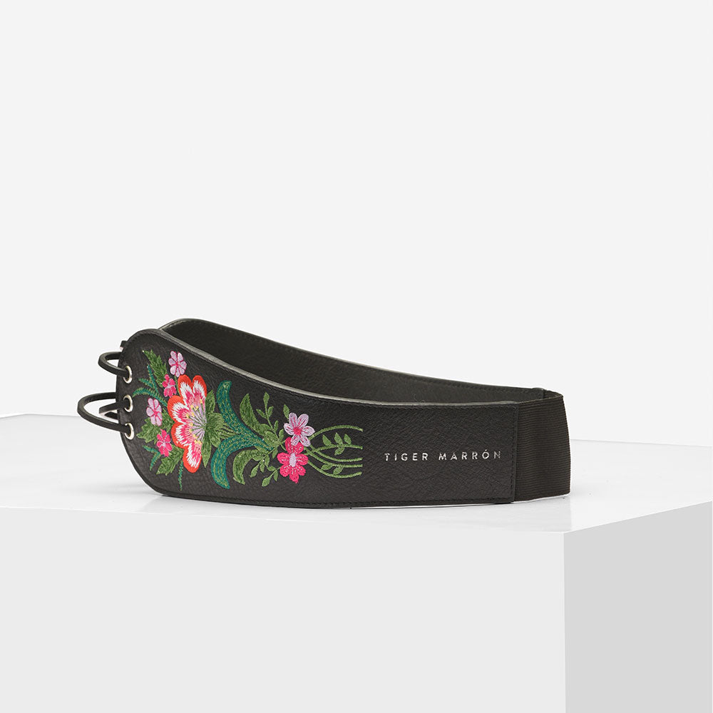 Black Embroidered Leather Waist Belt